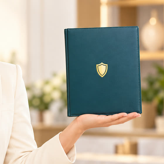 Detail of the illustrative character’s hand holding a green insurance folder with a gold shield