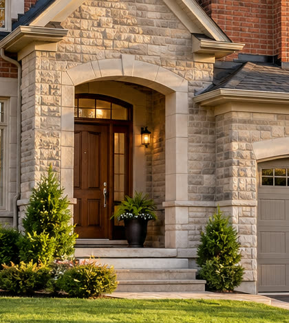 Arched front door and stone entry of the illustrative Ontario home