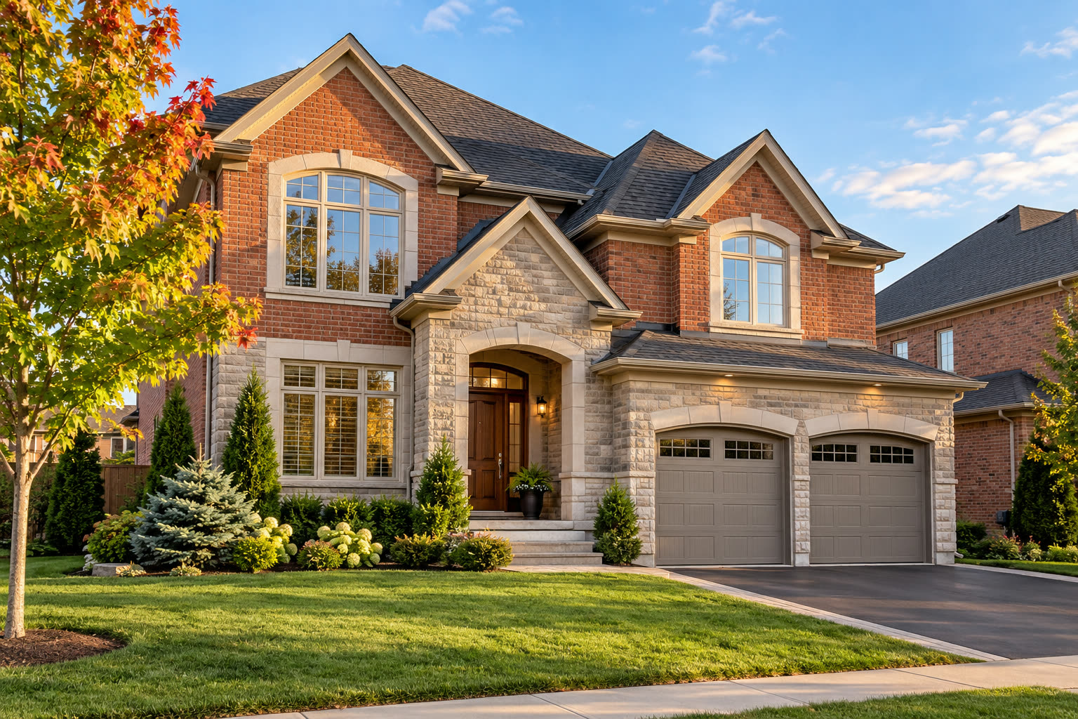 Illustrative photograph of a realistic detached Ontario home with autumn maples