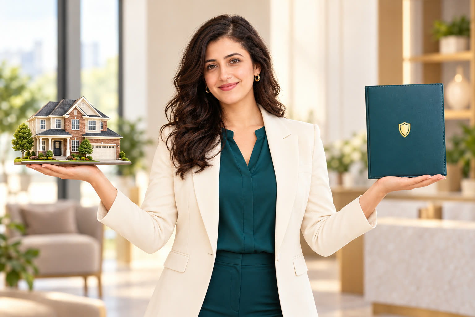 Illustrative professional woman holding a realistic Canadian home model on one palm and an insurance folder on the other